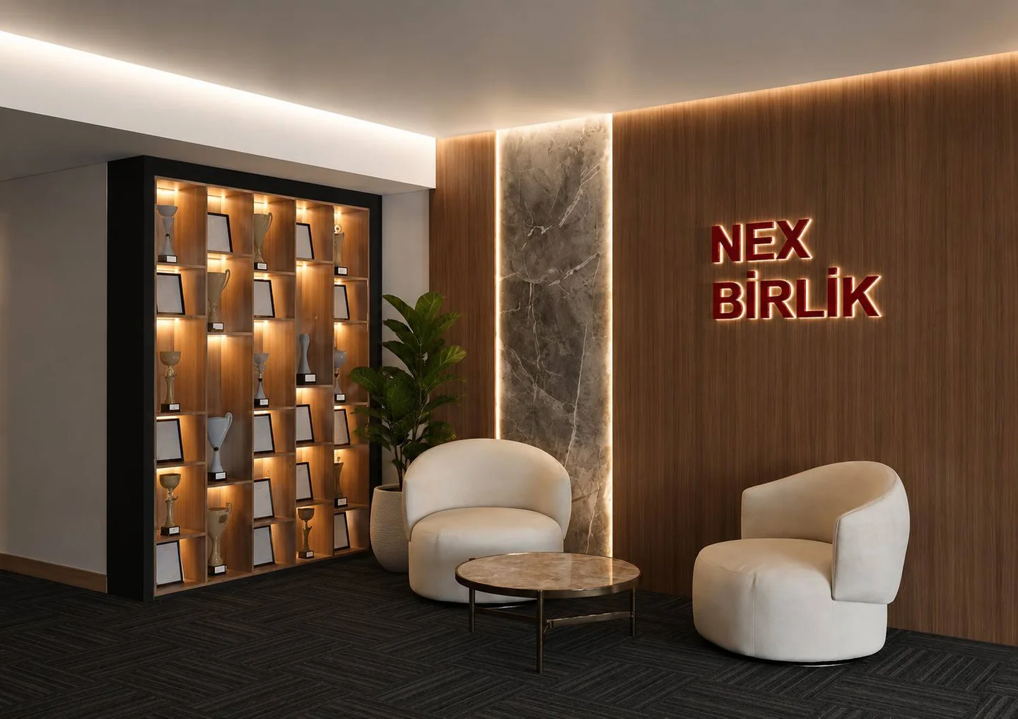 NexBirlik loqosu, işıqlı rəflər və kreslolar olan qəbul sahəsi